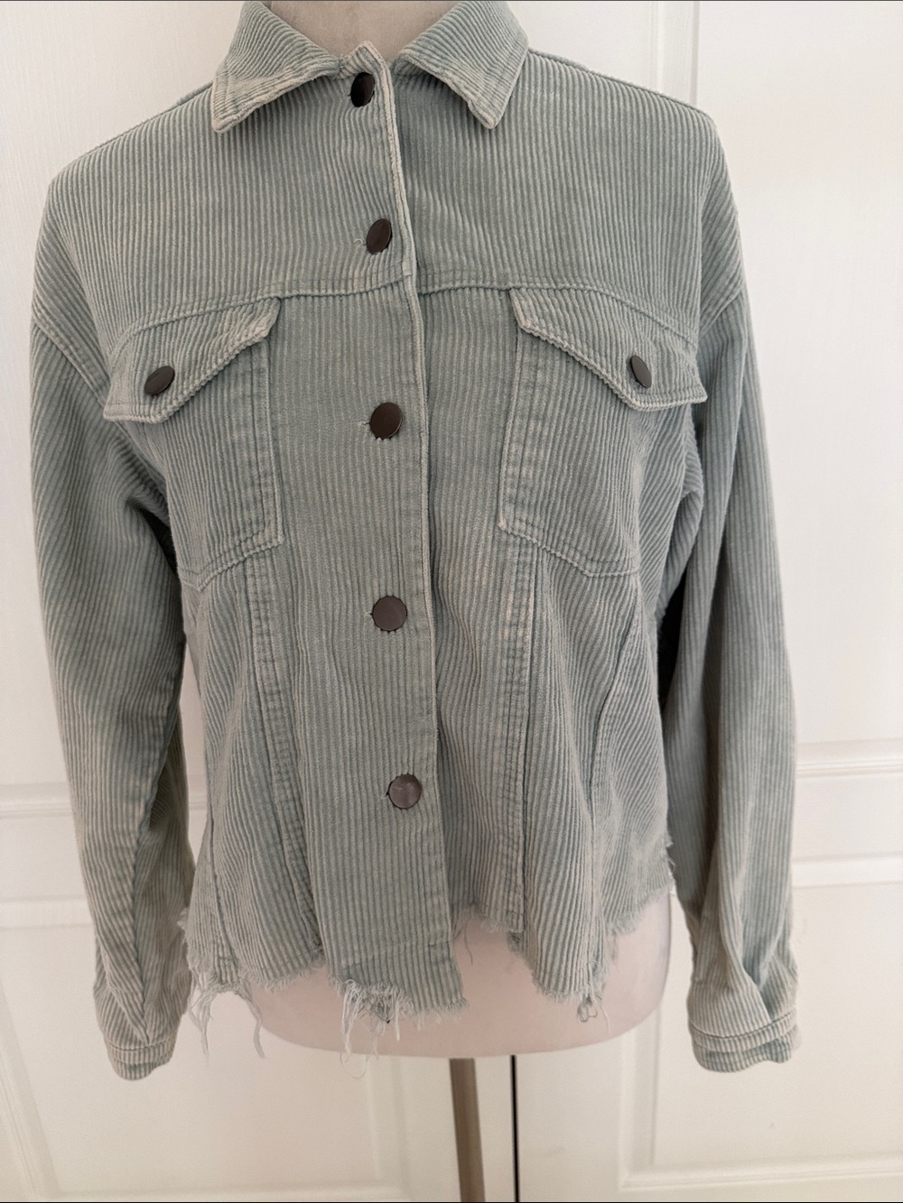POL Corduroy Trucker Jacket Small Sage Green
Raw Hem Cropped